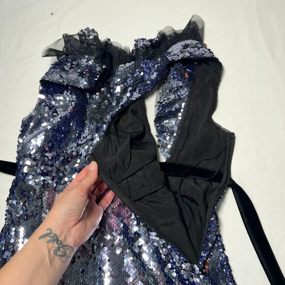 Free People Siren Sequin Mini Dress Purple Silver Ruffle Velvet Trim Party Sz 6 - Picture 14 of 16